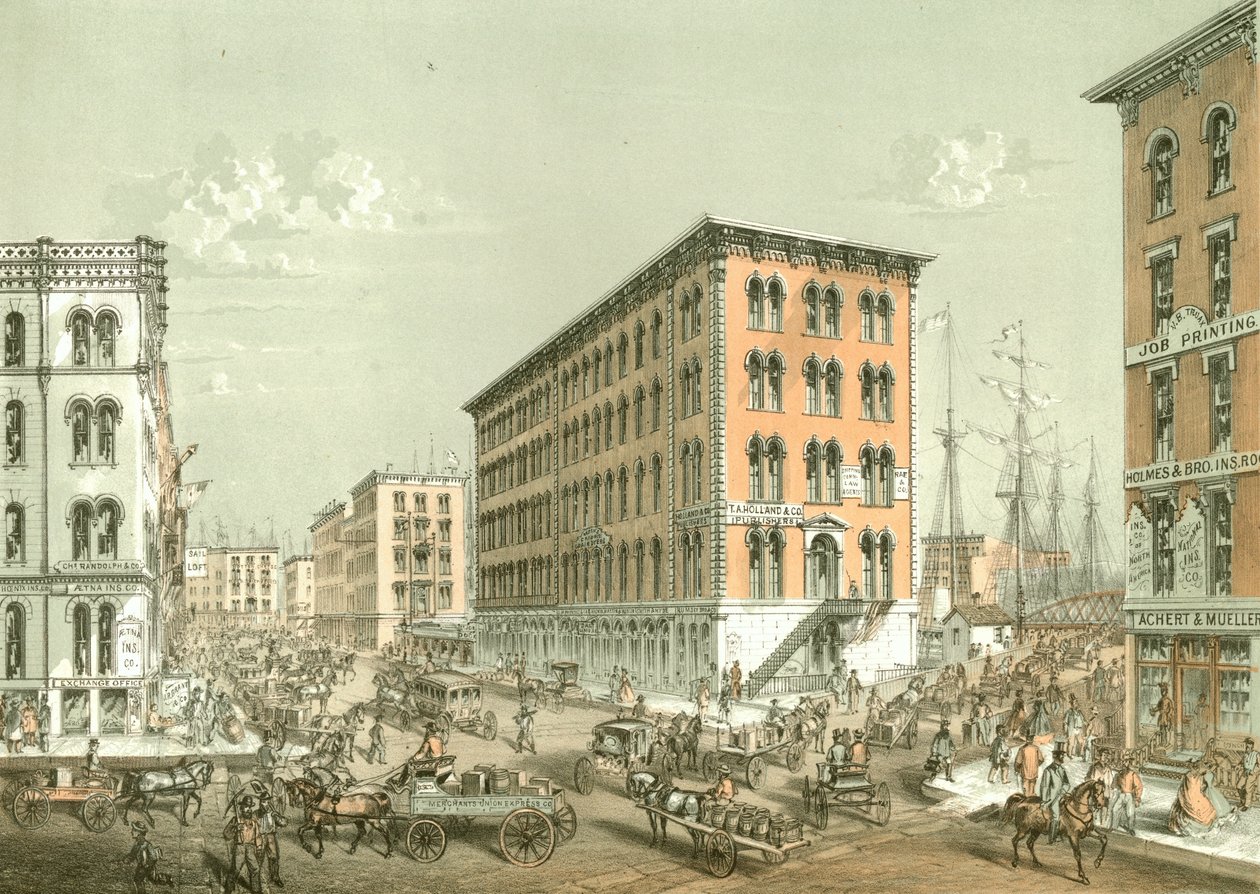 Corner of Clark and South Water Street, z Chicago Illustrated, z opisami literackimi Jamesa W. Sheahana, opublikowanymi przez Jevne & Almini, Chicago, 1866-67 autorstwa American School