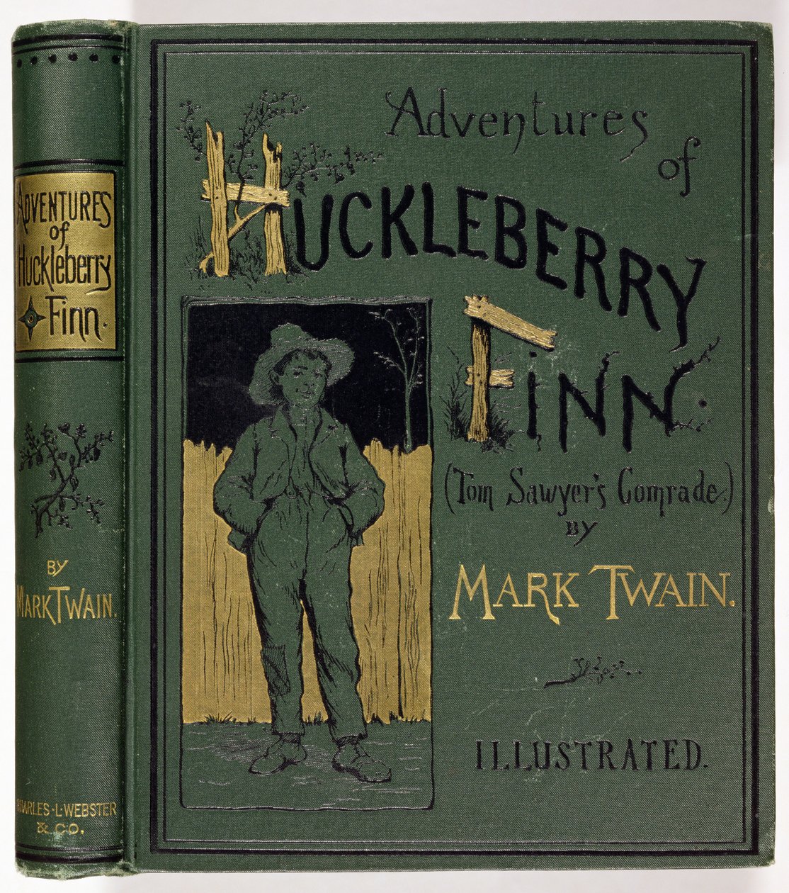 Okładka Adventures of Huckleberry Finn autorstwa Marka Twaina (1835-1910) pierwsze wydanie amerykańskie, wydane przez Charlesa L. Webstera, 1885 (wytłoczony złoty materiał) autorstwa American School