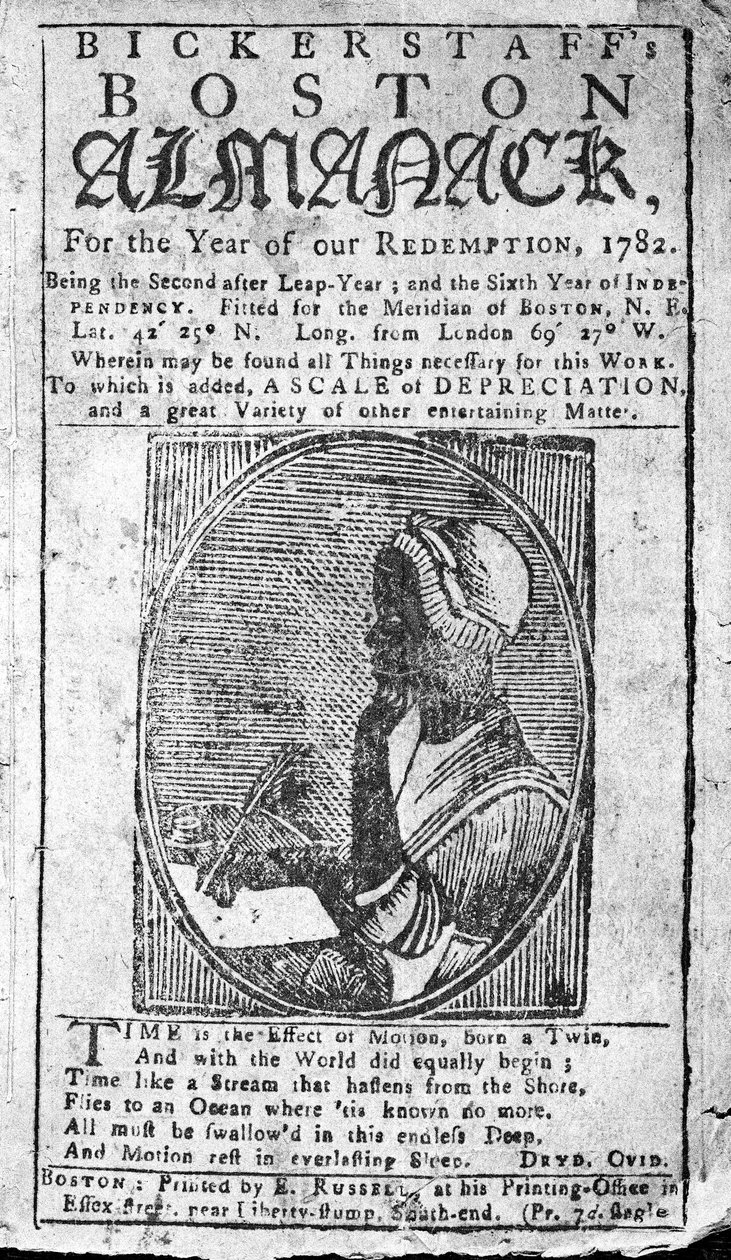 Okładka Bickerstaffs Boston Almanack z portretem Phillisa Wheatleya (1753-84) wydana w 1782 roku (druk) autorstwa American School