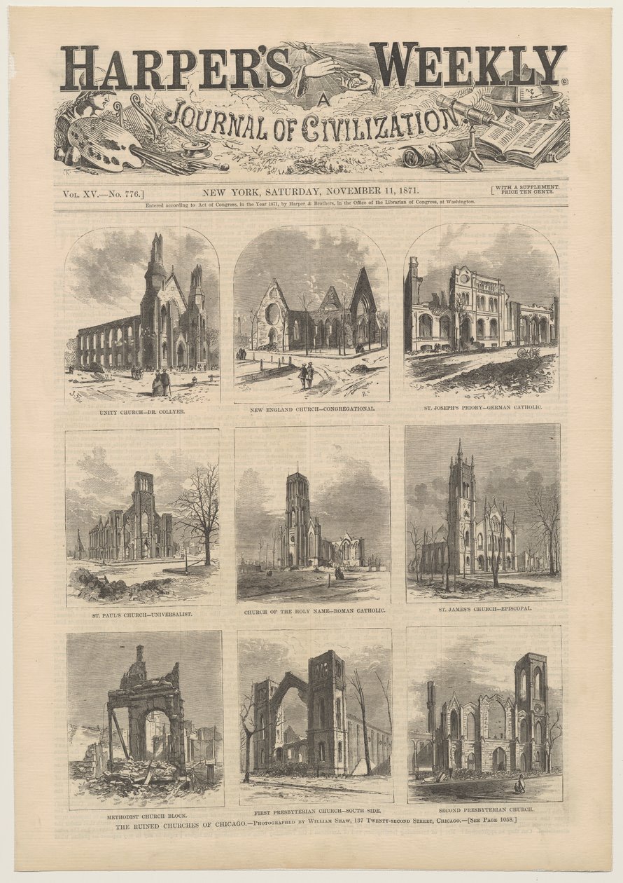 Okładka Harpers Weekly przedstawiająca sceny zrujnowanych kościołów w Chicago, 11 listopada 1871 r autorstwa American School