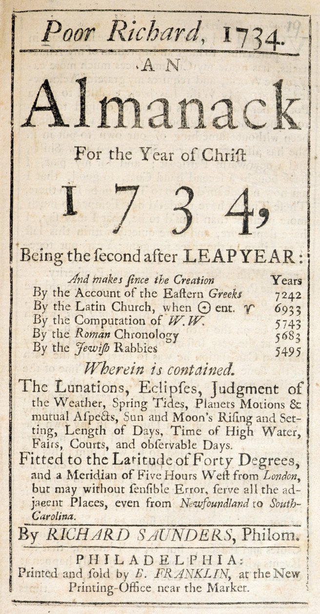 Okładka Biednego Richarda, almanach, 1734 (druk) autorstwa American School