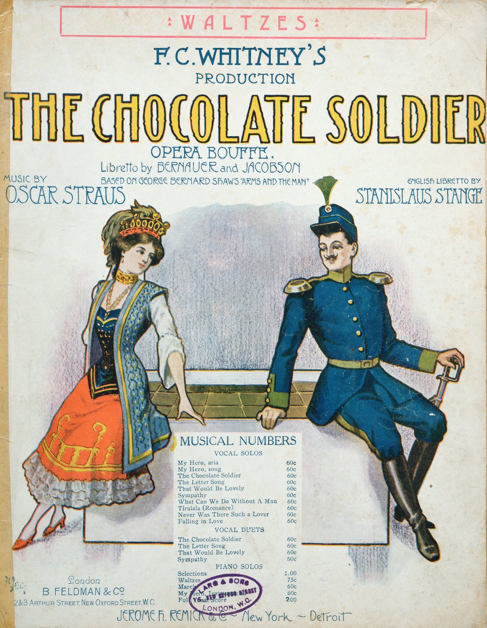 Okładka partytury „Czekoladowego żołnierza”, Operetki Oscara Strausa, wydanej w Nowym Jorku, ok. 1910 r. autorstwa American School