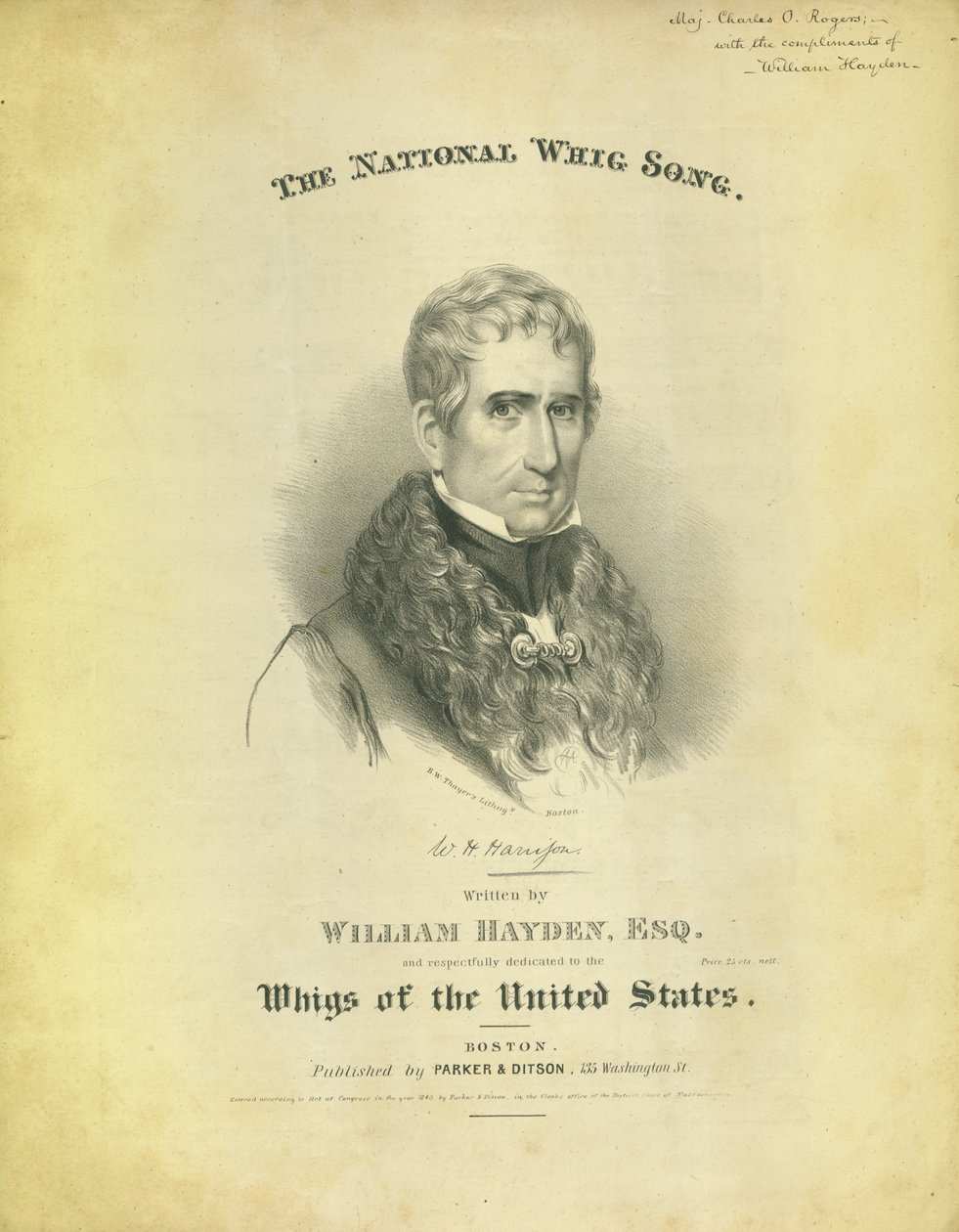 Okładka arkusza The National Whig Song autorstwa Williama Haydena, wyd. Parker & Diston, Boston, 1840 autorstwa American School