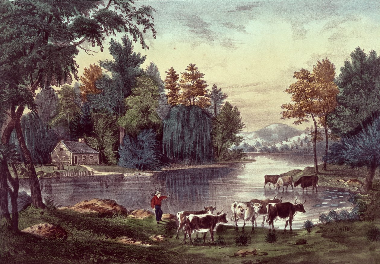Krowy na brzegu jeziora, wydana przez Nathaniela Curriera (1813-88) i Jamesa Merritta Ivesa (1823-95) (kolor lito) autorstwa American School