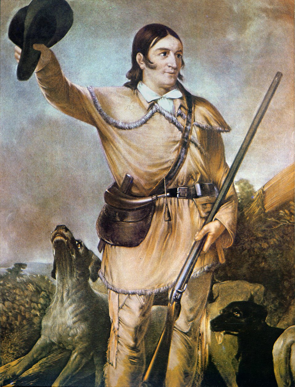 David (Davy) Crockett (1786-1836) ze swoimi psami myśliwskimi w 1836 r. (kolor lito) autorstwa American School