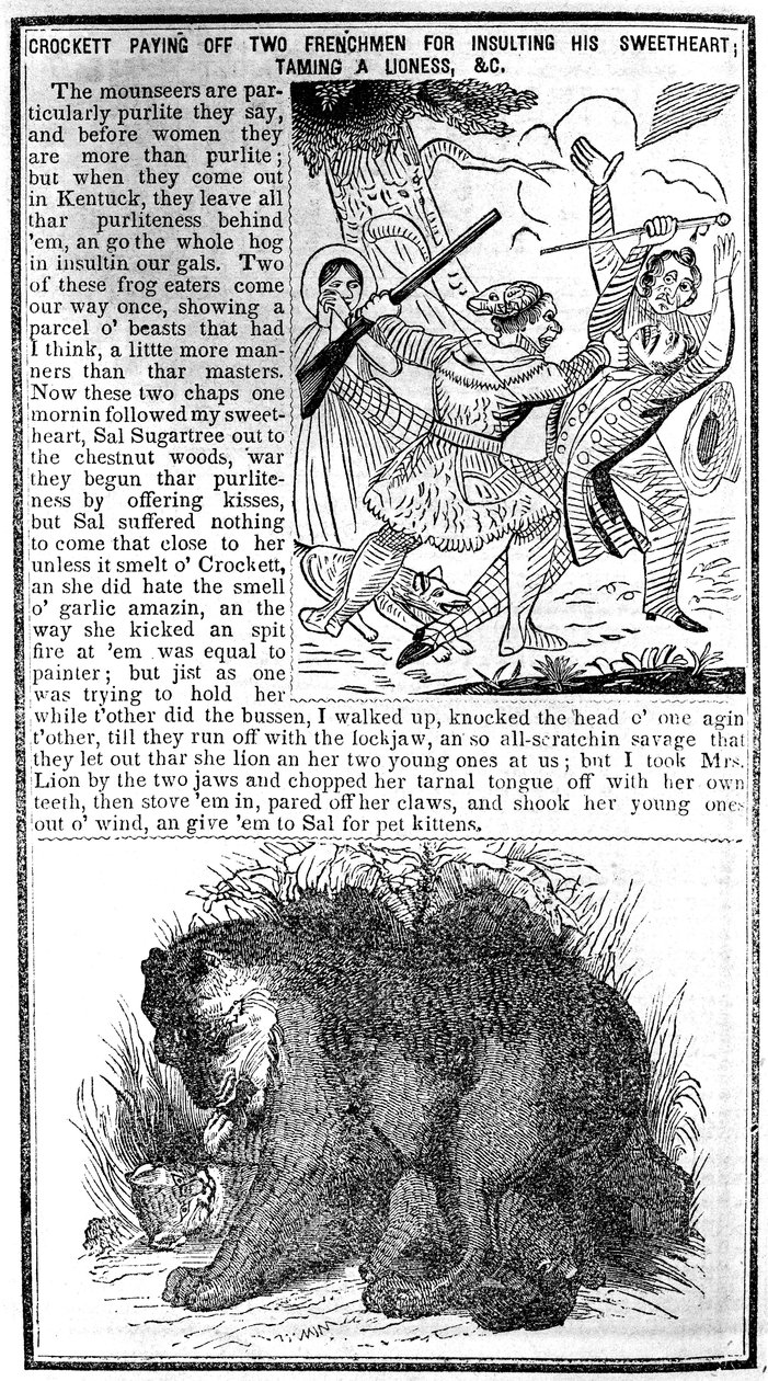 Davy Crockett odpłaca się dwóm Francuzom za obrazę jego ukochanej, oswajanie lwicy itp., ilustracja z Almanachu Crocketta autorstwa American School