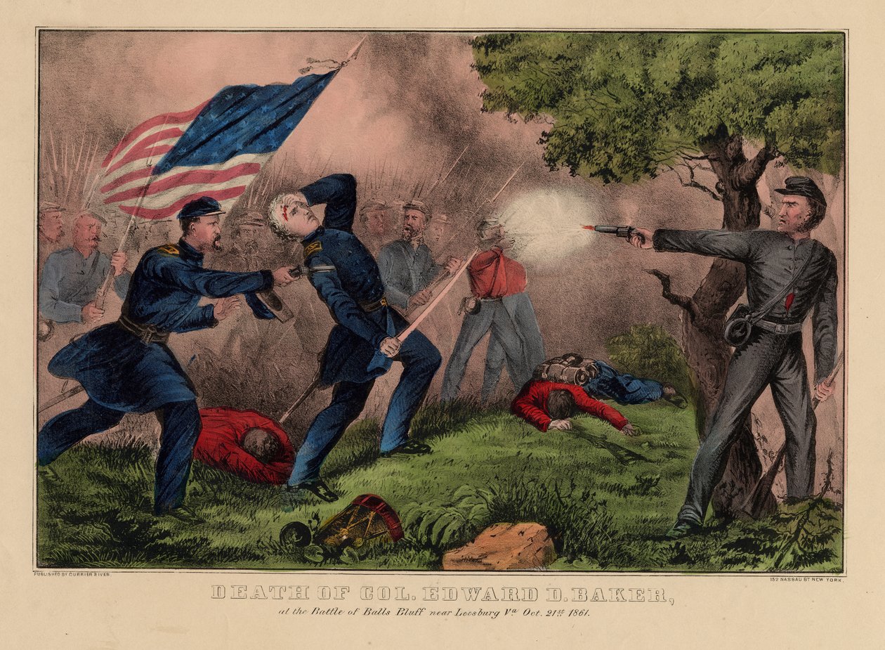 Śmierć pułkownika Edwarda D. Bakera w bitwie pod Balls Bluff niedaleko Leesburg VA, 21 października 1861, wyd. przez Currier i Ives, c.1861 autorstwa American School