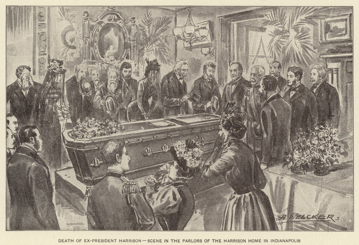 Śmierć byłego prezydenta Harrisona, scena w salonach domu Harrisona w Indianapolis (litografia) autorstwa American School