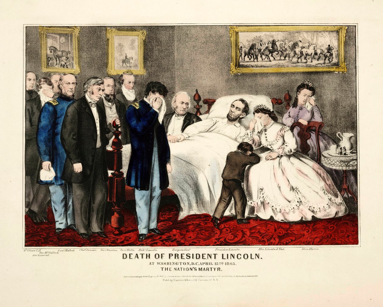 Śmierć prezydenta Lincolna, w Waszyngtonie, 15 kwietnia 1865, wyd. 1865 kolorowa litografia autorstwa American School