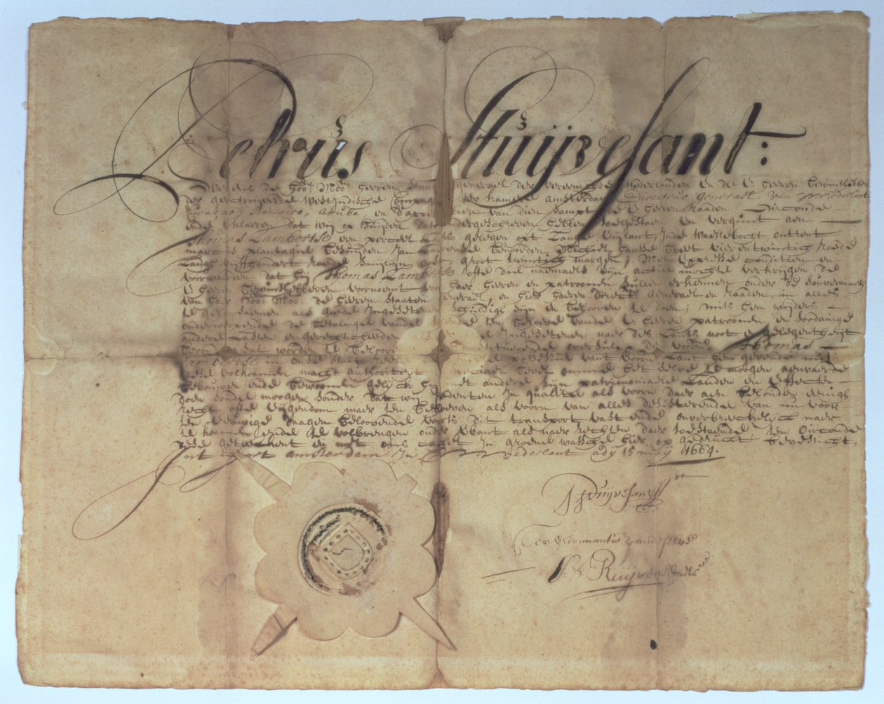 Akt podpisany przez Petera Stuyvesanta, dyrektora generalnego Nowej Holandii, 15 maja 1664 r. autorstwa American School