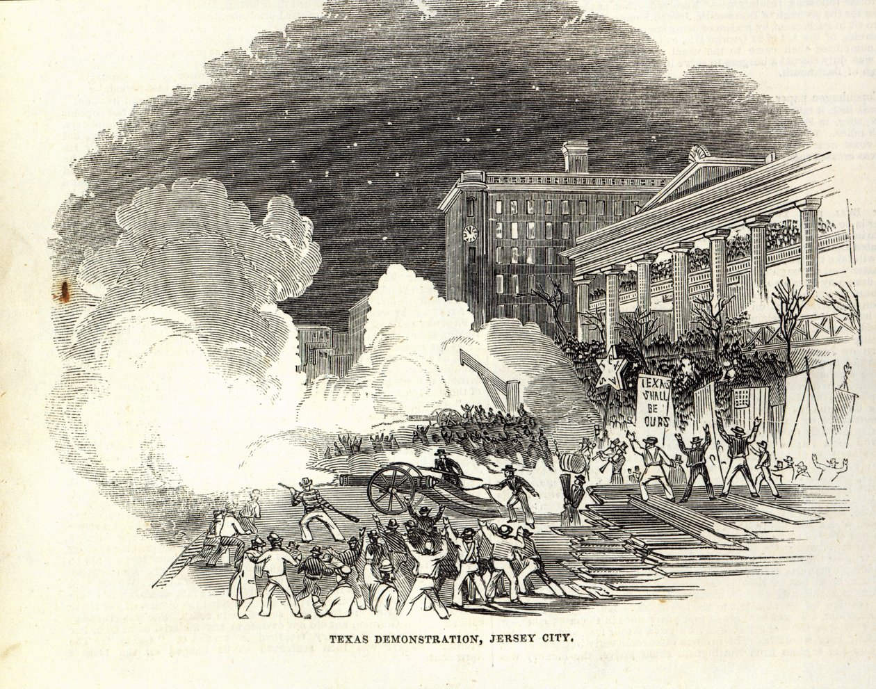 Demonstracja w Jersey City na rzecz aneksji przez Stany Zjednoczone Teksasu, ilustracja z „Illustrated London News”, 22 marca autorstwa American School