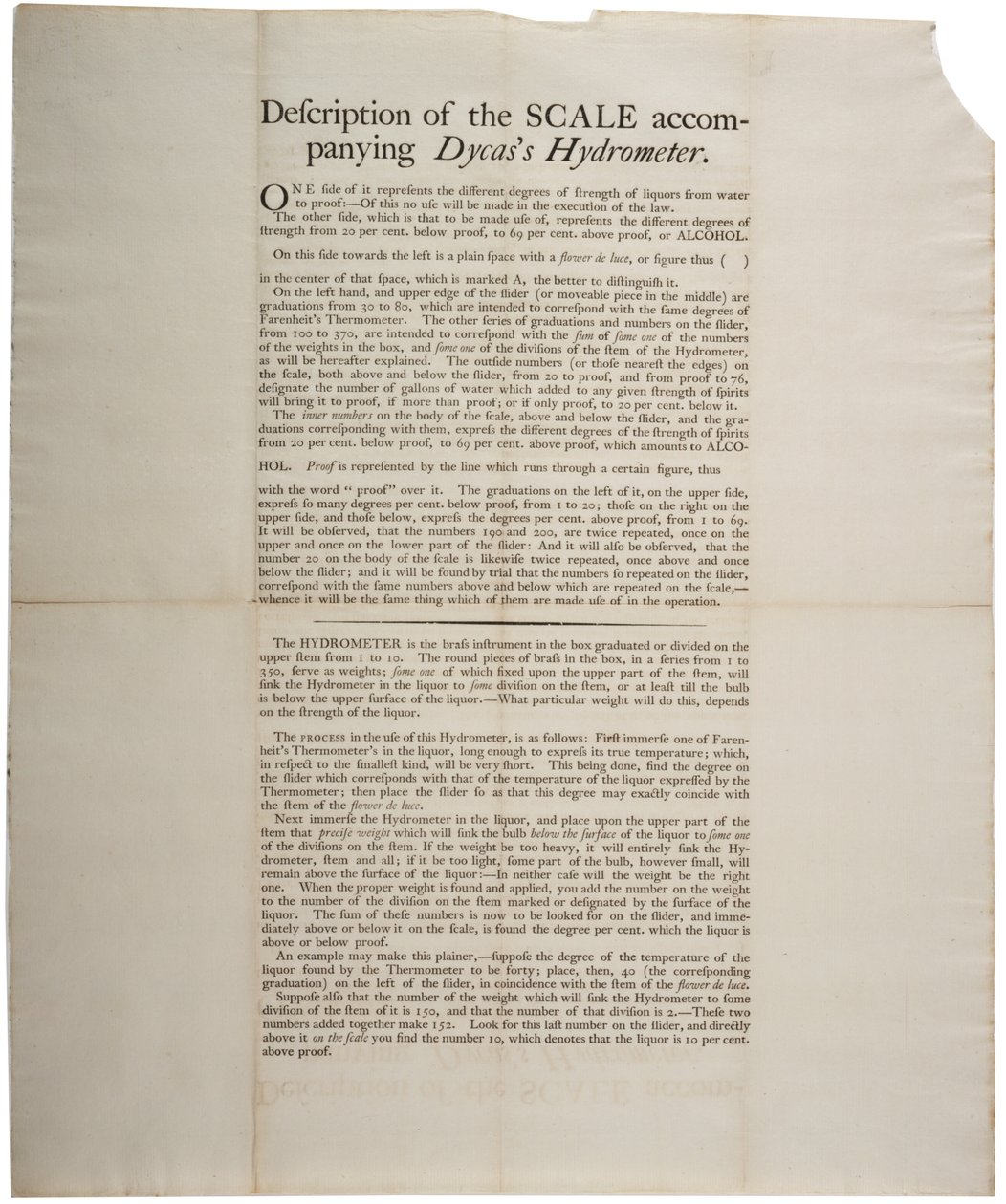 Opis skali towarzyszącego hydrometru Dycass, 1790 autorstwa American School