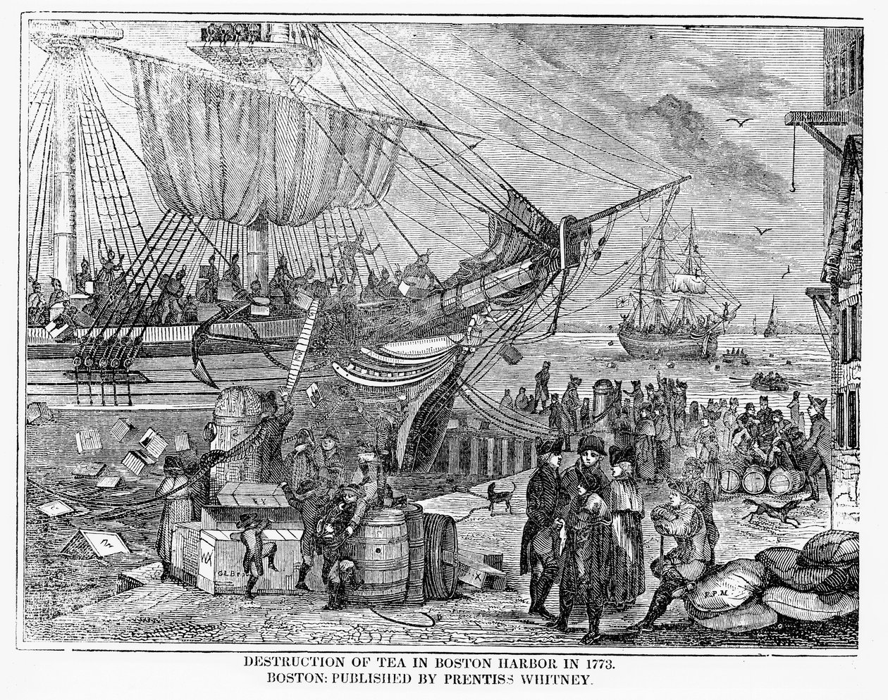 Zniszczenie herbaty w porcie w Bostonie w 1773 r. autorstwa American School