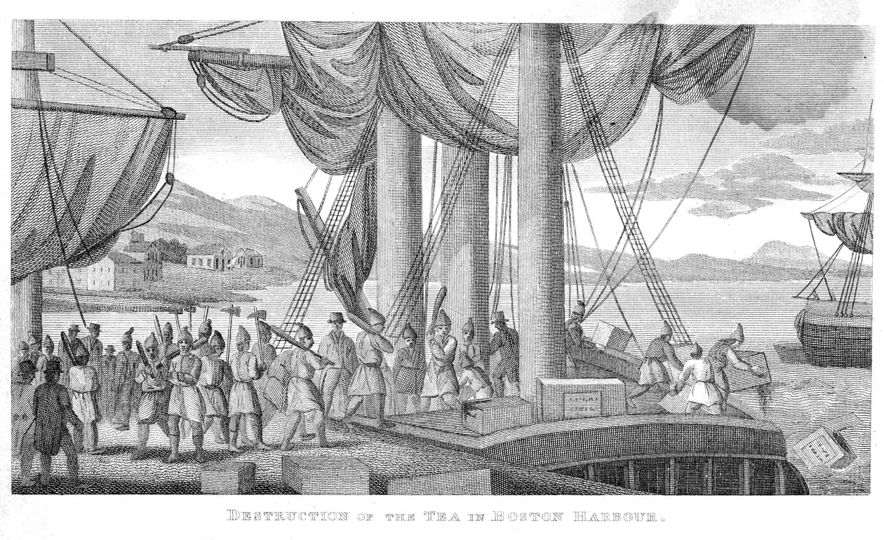 Zniszczenie herbaty w porcie w Bostonie w 1773 r. autorstwa American School