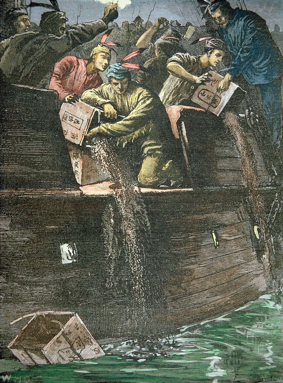 Zniszczenie ładunków herbaty, znane jako Boston Tea Party autorstwa American School