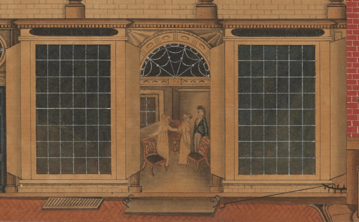 Szczegół sklepu i magazynu Duncana Phyfe na Fulton Street w Nowym Jorku, ok. 1816-1817 (akwarela, długopis i atrament na papierze) autorstwa American School