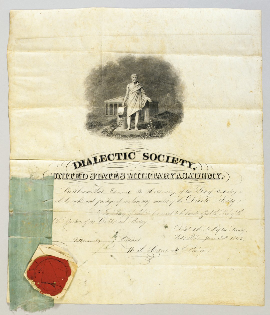 Dokument podpisany przez Ulyssesa S. Granta jako prezesa Towarzystwa Dialektycznego w Akademii Wojskowej West Point, 20 czerwca 1843 (rycina i pióro i atrament na pergaminie) (patrz także 872501) autorstwa American School