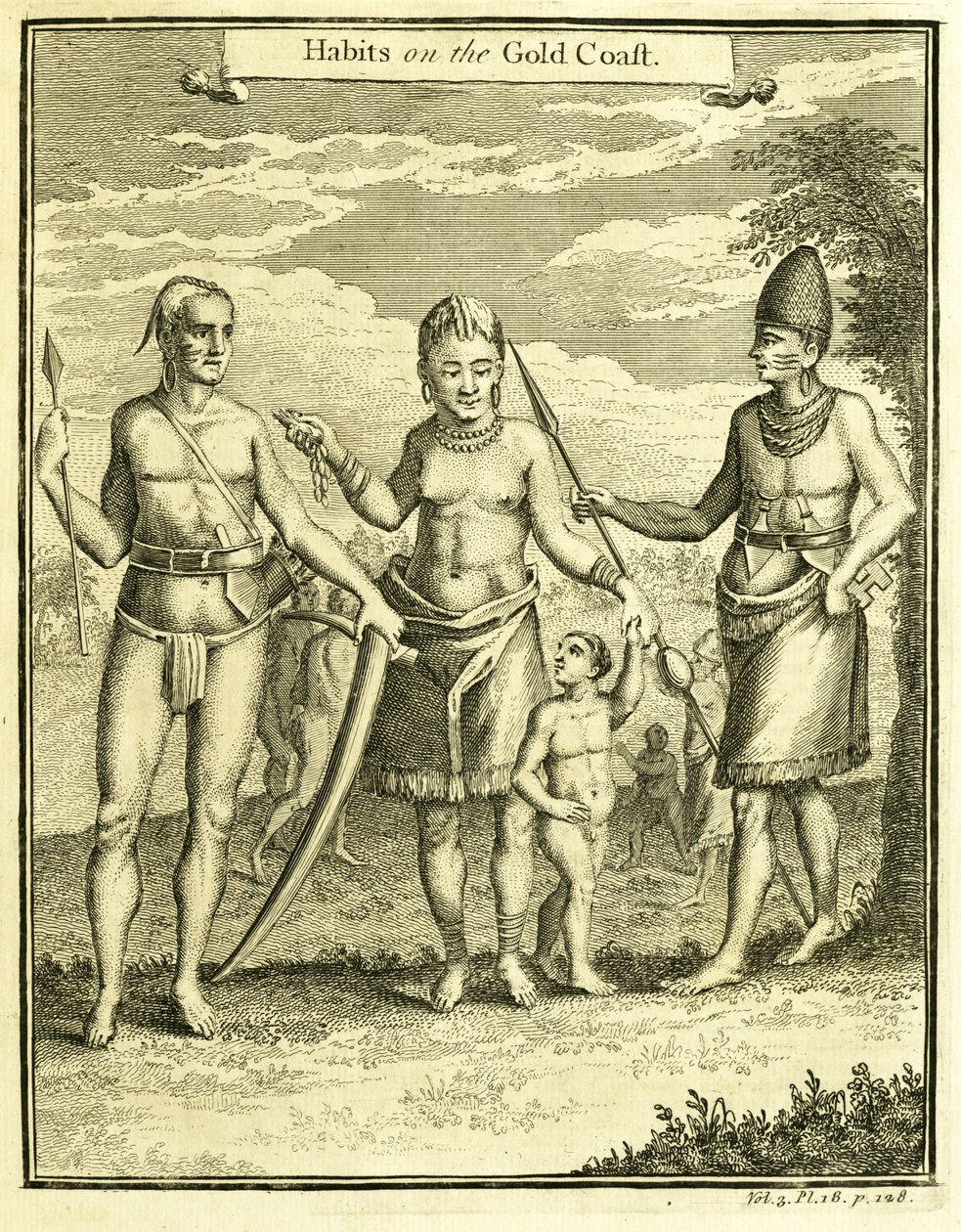 Sukienka mieszkańców Cape Lope Gonsalvo i Rio Gabon, ilustracja z „Nawyki na Złotym Wybrzeżu”, Thomas Astley, 1745-47 autorstwa American School