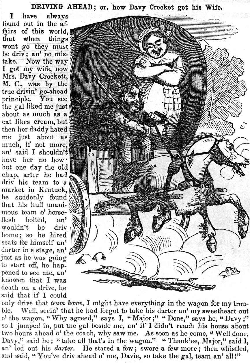 Jadąc naprzód, czyli jak Davy Crockett zdobywa swoją żonę, z almanachu Crocketta na rok 1856, opublikowany, Nowy Jork, 1855 autorstwa American School