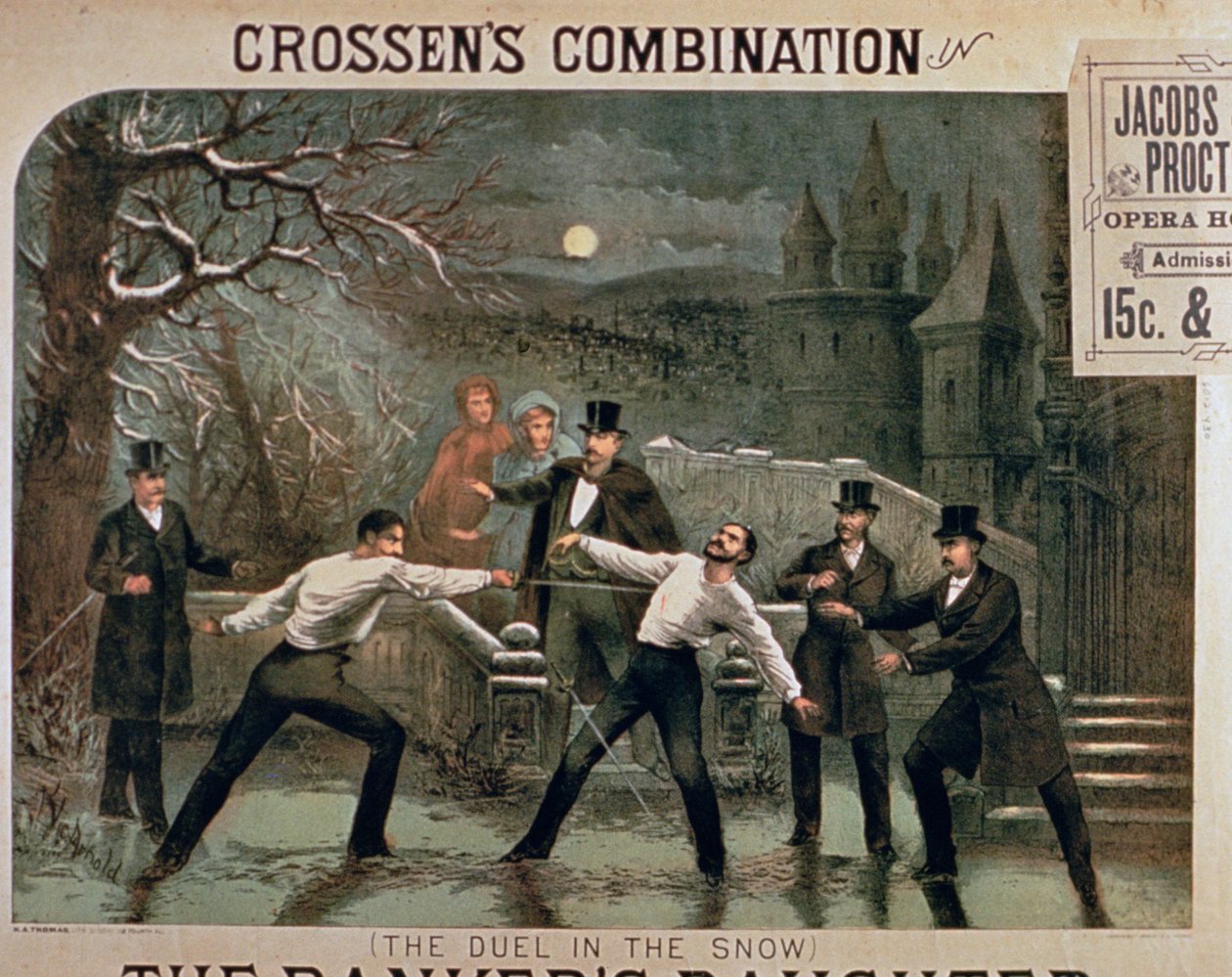 Pojedynek w śniegu, plakat do The Bankers Daughter, z udziałem Crossens Combination w Jacobs & Procter Opera House autorstwa American School