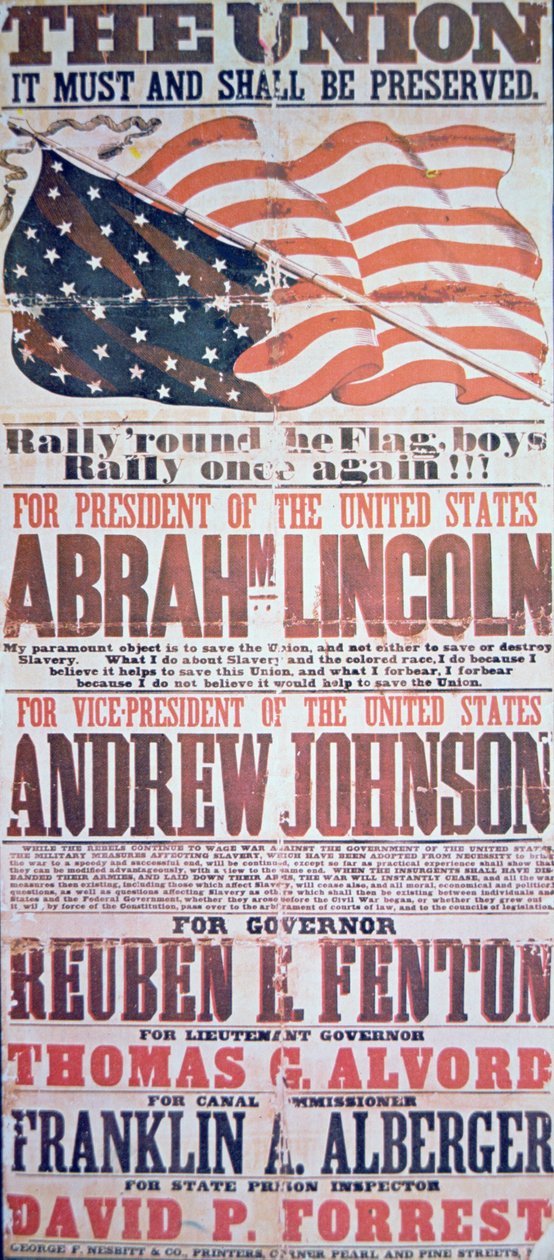 Plakat kampanii wyborczej dla Abrahama Lincolna (1809-65) dla prezydenta i Andrew Johnsona (1808-75) dla wiceprezydenta autorstwa American School