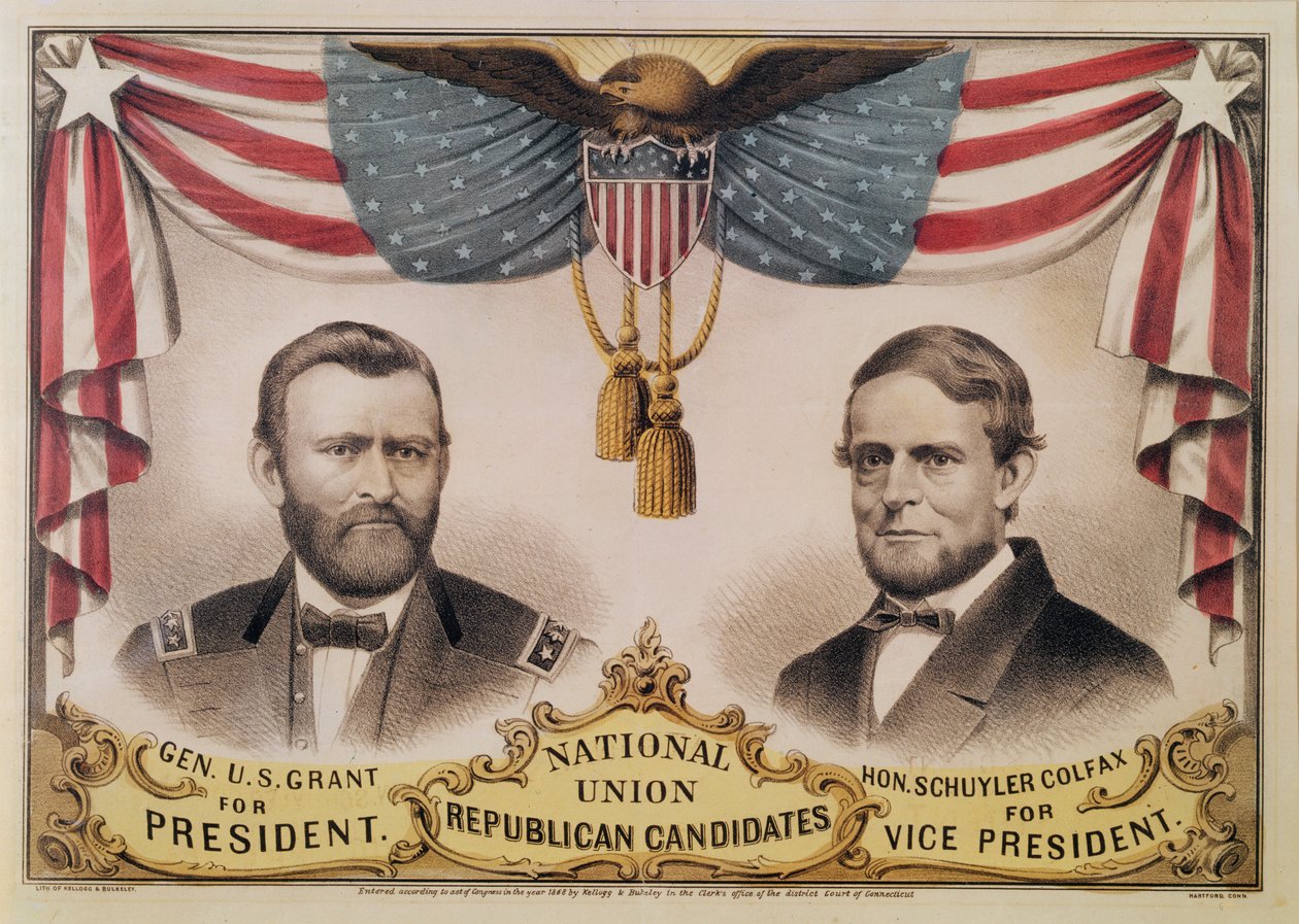 Plakat wyborczy do wyborów prezydenckich w USA w 1868 r. przedstawiający Ulyssesa S. Granta i Schuyler Colfax, 1868 r. autorstwa American School