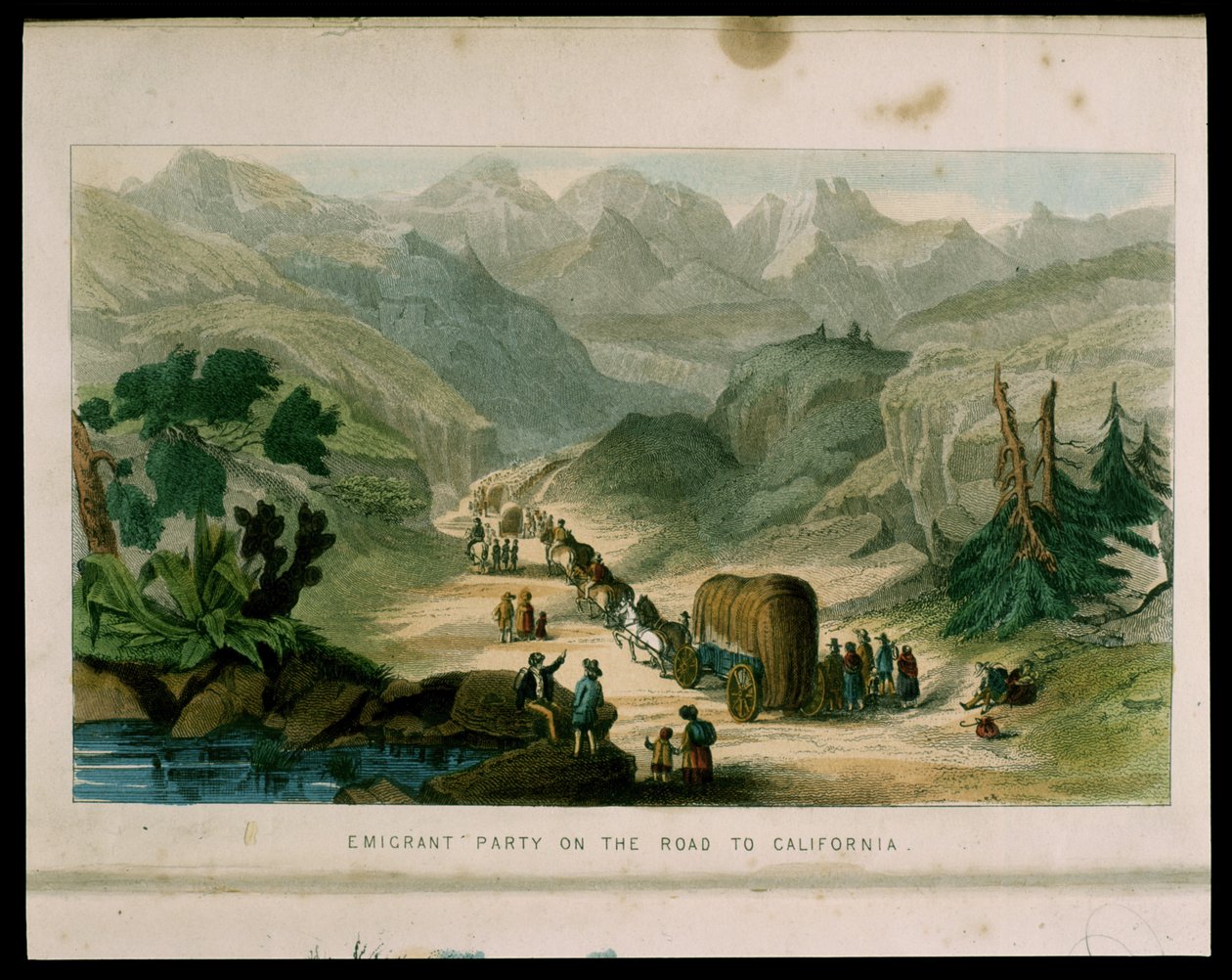 Emigrant Party on the Road to California w 1596, ilustracja z Kalifornii, jej przeszłość, jej obecna pozycja, jej perspektywy na przyszłość autorstwa G.A. Fleming, 1850 autorstwa American School