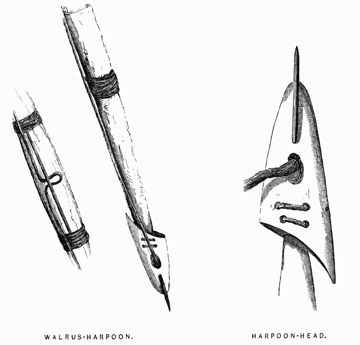 Eskimoskie narzędzia łowieckie: harpuny - Elisha Kent Kane, Arktyczne poszukiwania w latach 1853-1855, tom. 1, s. 412, Filadelfia autorstwa American School