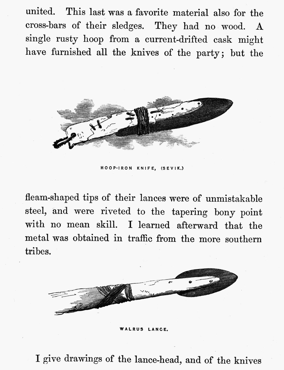 Eskimoski nóż i włócznia - Elisha Kent Kane, Arctic Explorations w latach 1853-1855, cz. 1, s. 206, Filadelfia autorstwa American School