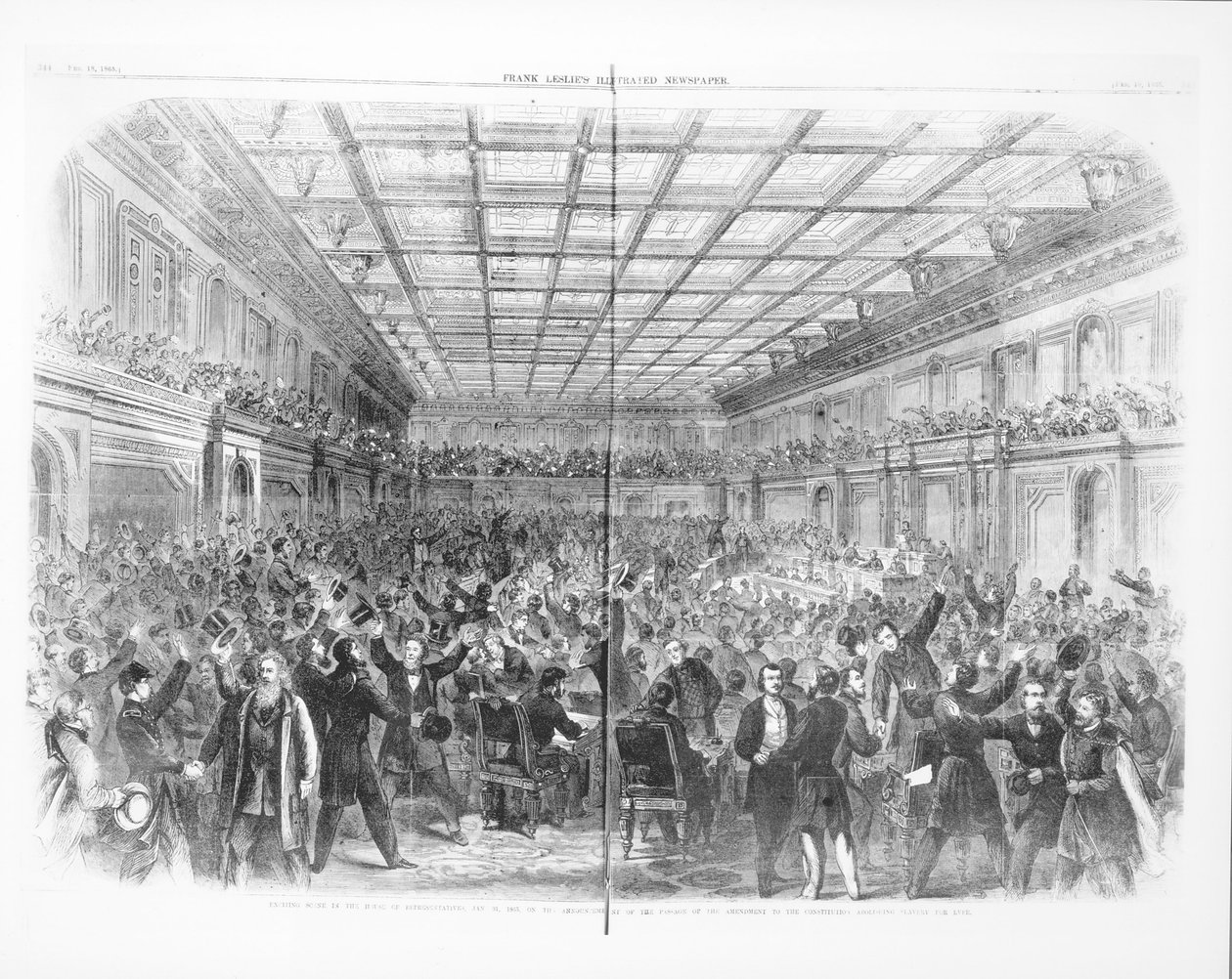 Ekscytująca scena w Izbie Reprezentantów, 31 stycznia 1865, o ogłoszeniu przejścia poprawki do zniesienia niewolnictwa na zawsze, z „Frank Leslie