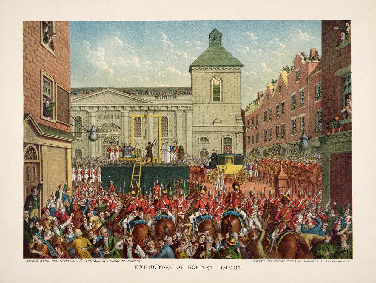 Egzekucja Roberta Emmeta na Thomas Street, 20 września 1803, wyd. 1803 (litografia kolorowa) autorstwa American School