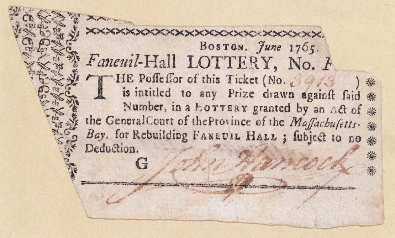 Bilet na loterię Faneuil-Hall, podpisany przez Johna Hancocka (1737-93) 1765 (tusz na papierze) autorstwa American School