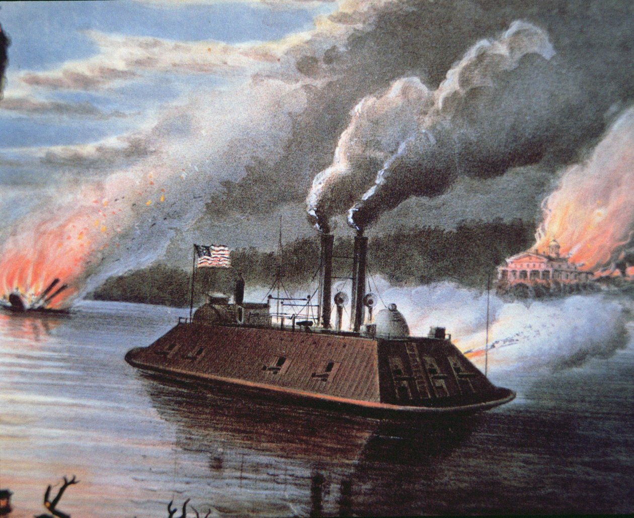 Federalny statek pancerny na Missisipi bombarduje terytorium wroga (kolor lito) autorstwa American School