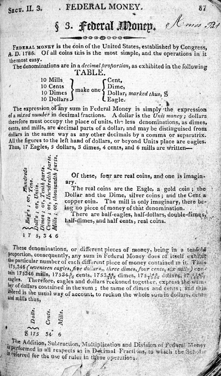 Federal Money, strona z The Scholars Arithmetic 6th Edition, Daniel Adams, opublikowana przez NHKeene, 1810 (druk) autorstwa American School
