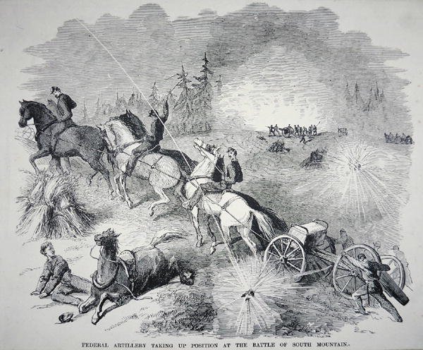 Artyleria federalna zajmująca pozycję w bitwie pod South Mountain, wrzesień 1862 (grawerowanie) autorstwa American School
