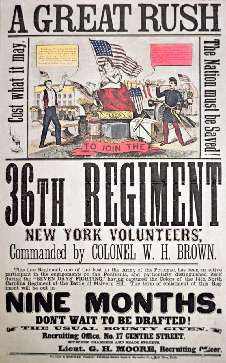 Federalny plakat rekrutacyjny dla 36. pułku, ochotnicy z Nowego Jorku (kolor lito) autorstwa American School