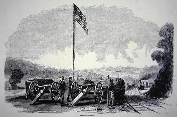 Federalna bateria worków z piaskiem do ochrony linii kolejowej podczas wojny secesyjnej (1861-65) (lito) autorstwa American School