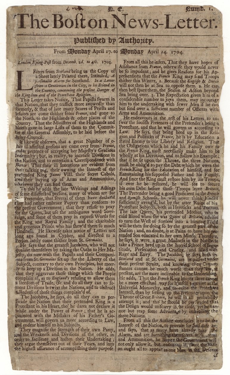 Pierwszy numer Boston News-Letter, 1704 (newsprint) autorstwa American School