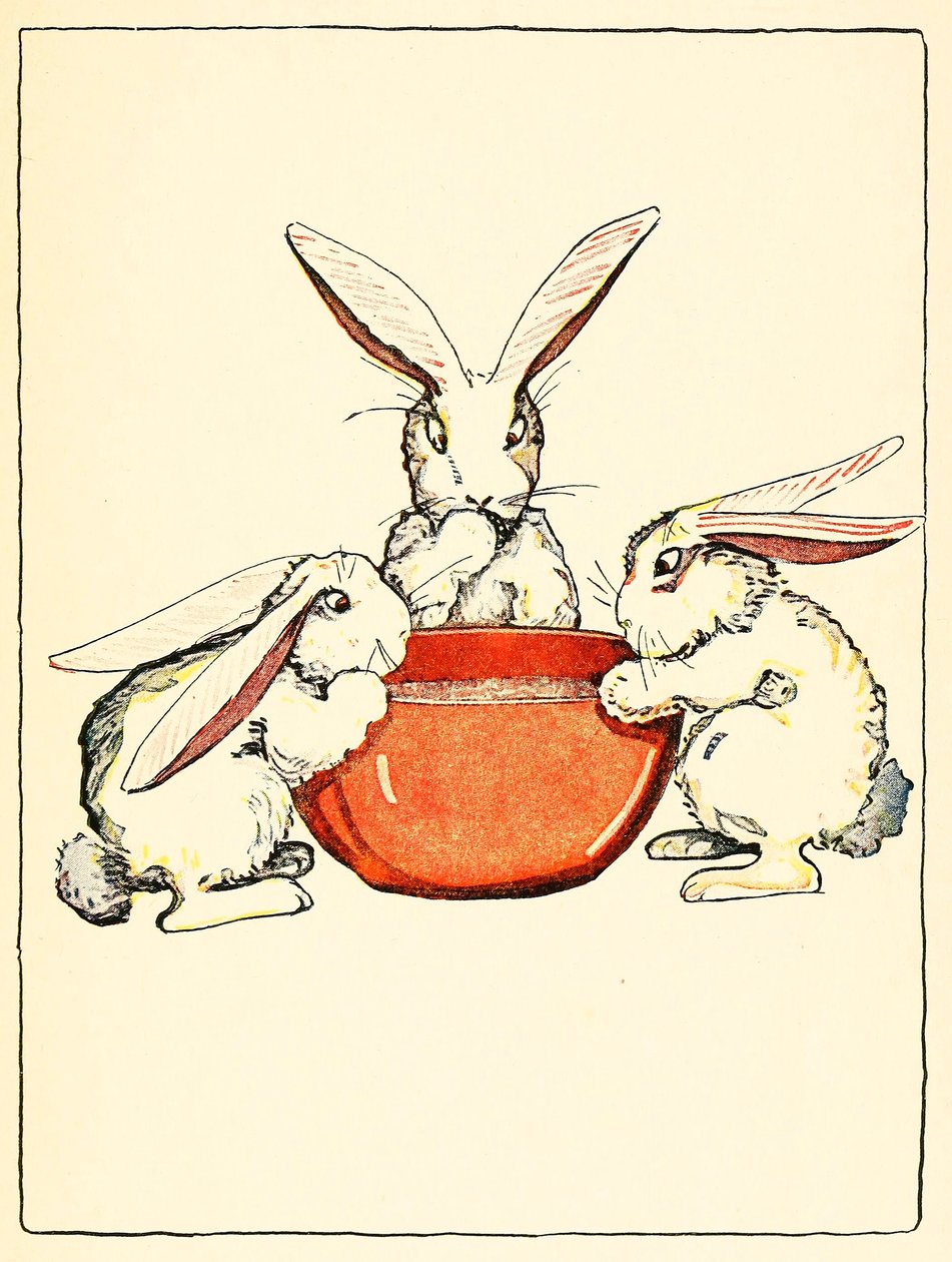 Flopsy, Mopsy i Cotton-Tail mieli na obiad chleb, mleko i jeżyny, 1916. autorstwa American School