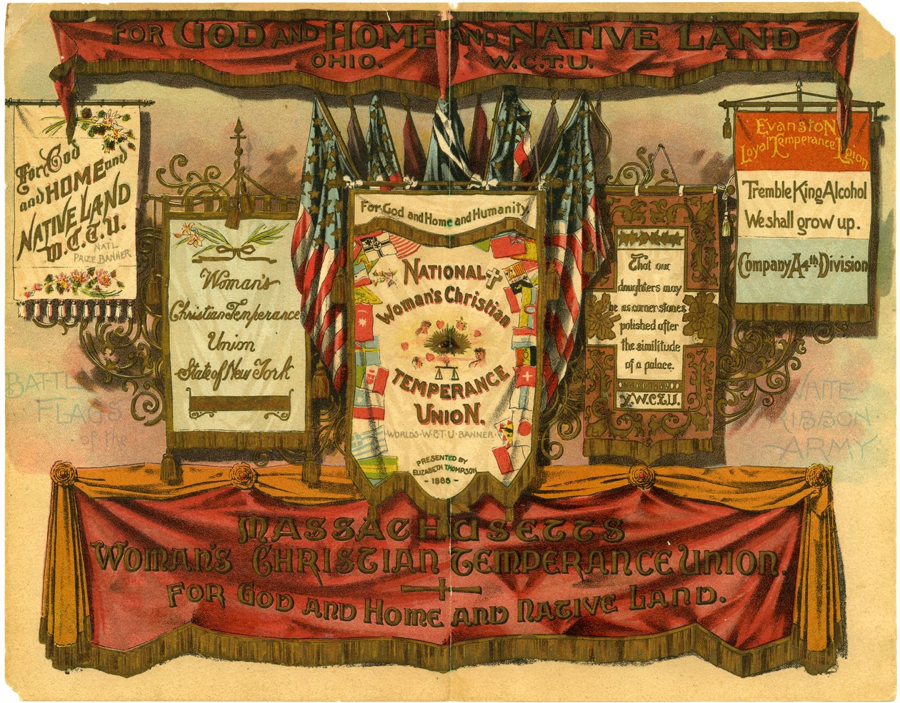 Za Boga, dom i ziemię ojczystą... Chrześcijański Związek Wstrzemięźliwości Kobiet, Flagi bojowe Armii Białej Wstążki, 1885 autorstwa American School