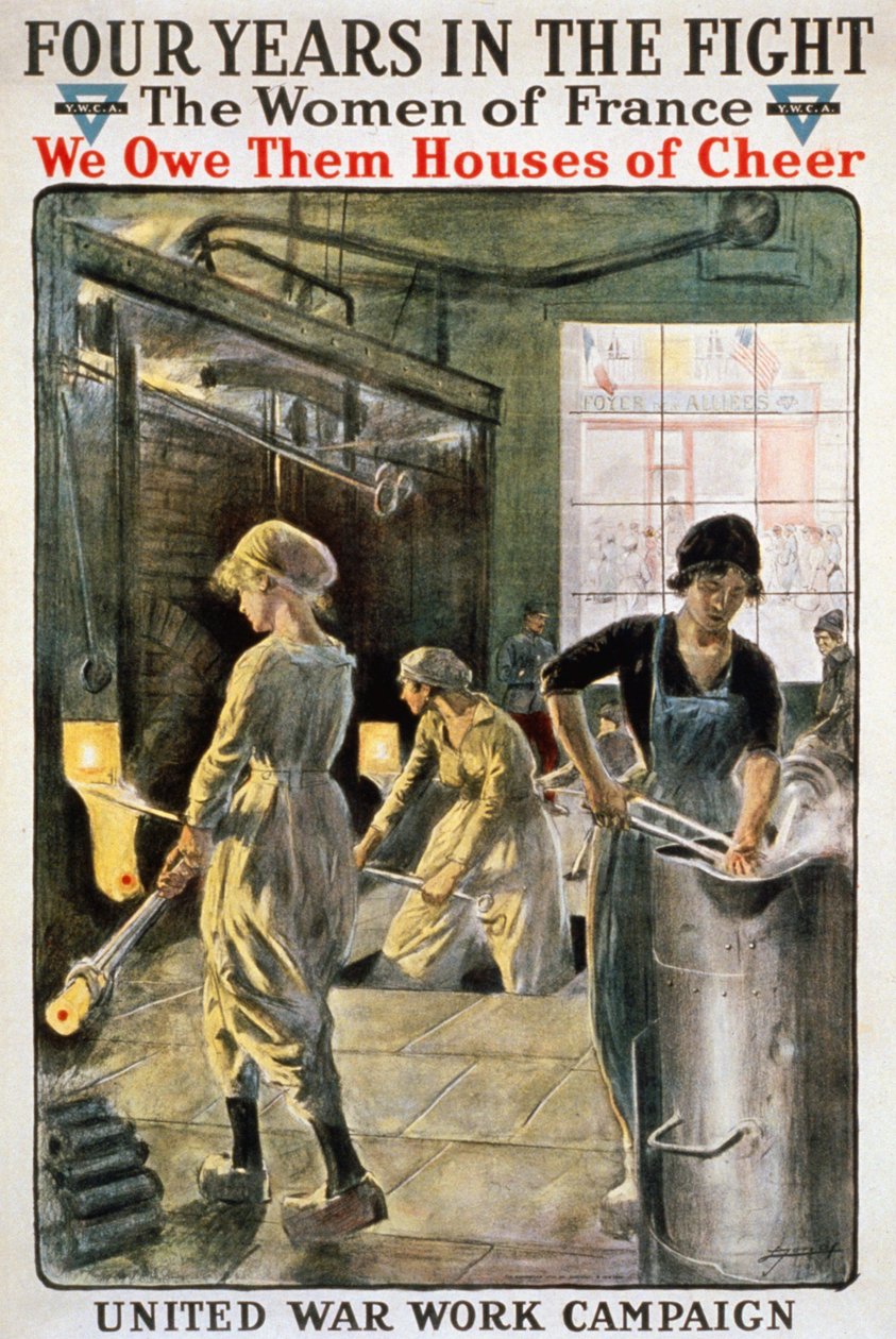 Cztery lata w bitwie: francuskie kobiety na wojnie - plakat YMCA. sd. około 1917 roku. autorstwa American School