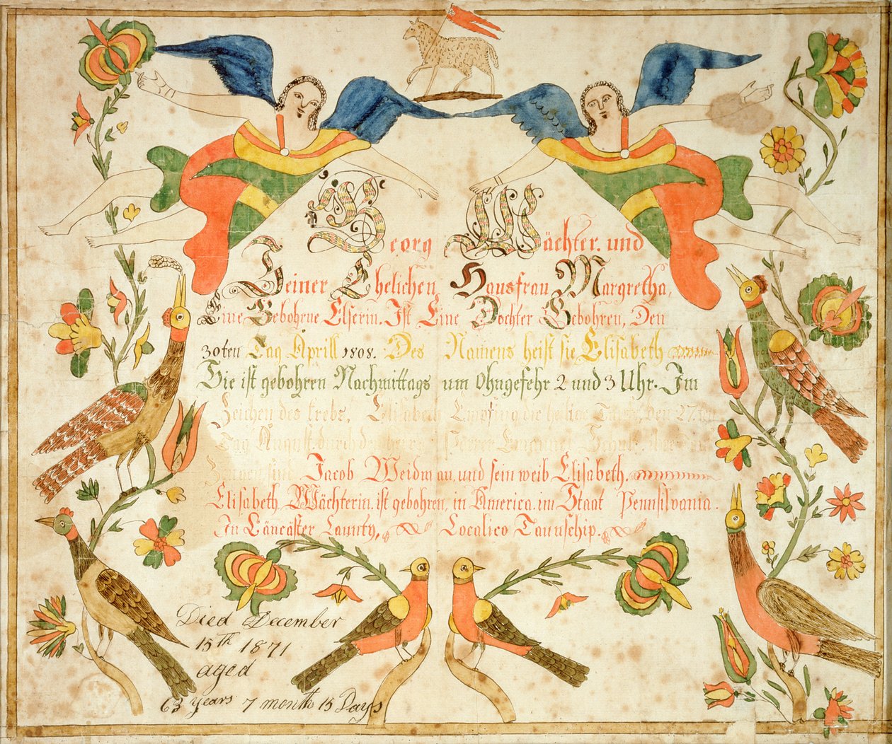 Fraktur do aktu urodzenia i chrztu Elżbiety Wachter (1808-71) 1808 (tusz i akwarela na papierze) autorstwa American School