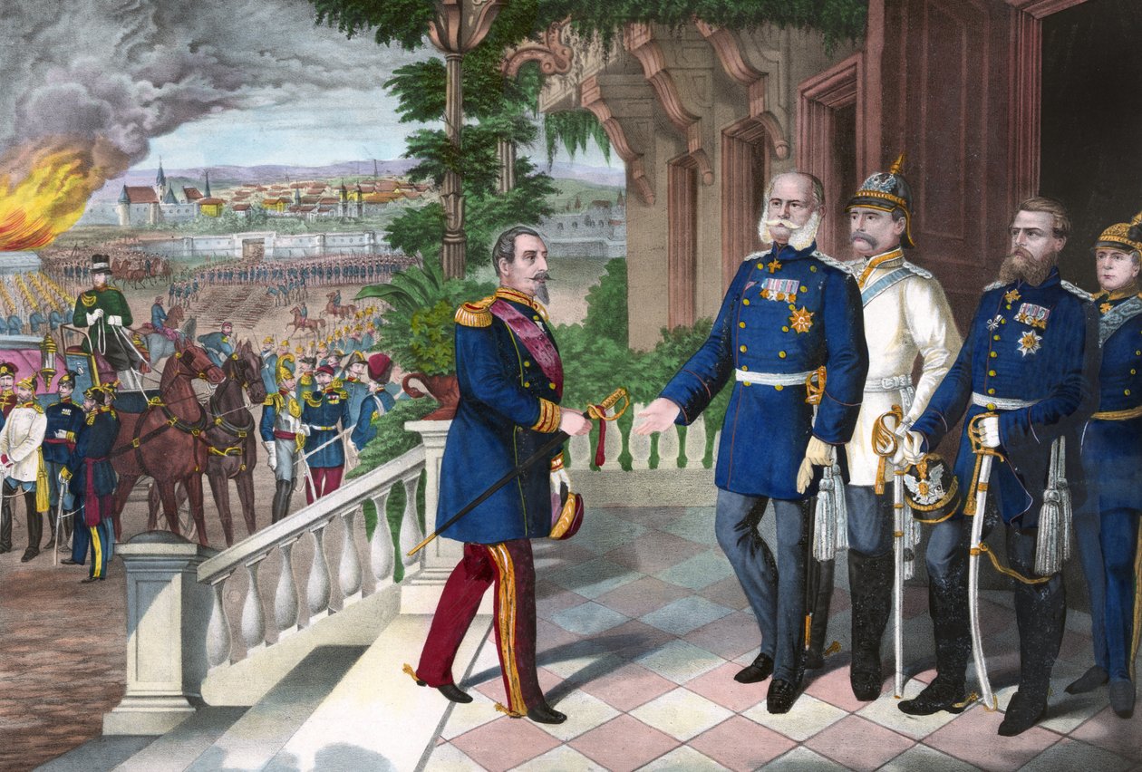 Wojna francusko-pruska 1870-1871: kapitulacja Napoleona III po bitwie pod Sedanem, 2 września 1870 r. Grawerowanie kolorowe, amerykański, c1871 - Wojna 1870: Napoleon III (1808-1873) więzień po bitwie pod Sedanem spotyka Williama I Pruski (1797- autorstwa American School