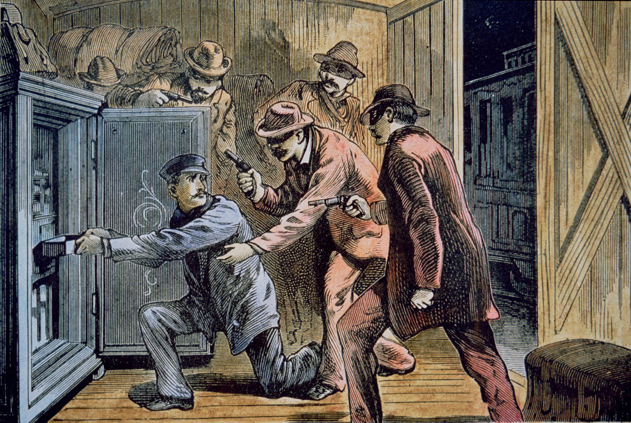 Frank i Jesse James Gang rabują wagon ekspresowy pociągu w 1879 r. (kolor lito) autorstwa American School