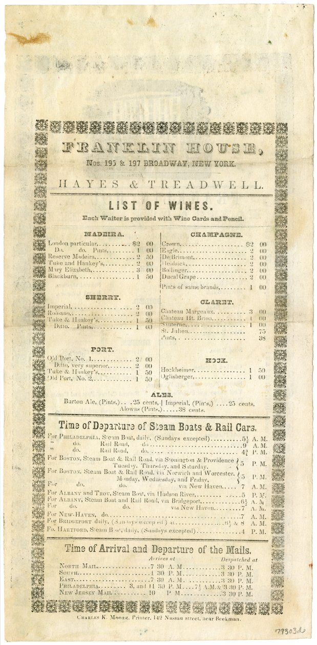 Lista win Domu Franklina na 23 maja 1844, 1844 (grawerowane menu) autorstwa American School
