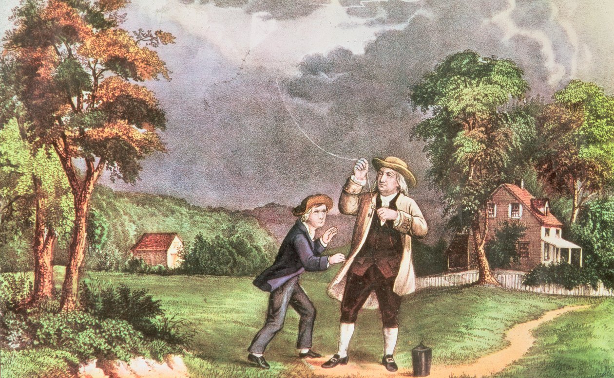 Eksperyment Franklinsa z elektrycznością ok.1746, wyd. Currier i Ives (druk) autorstwa American School