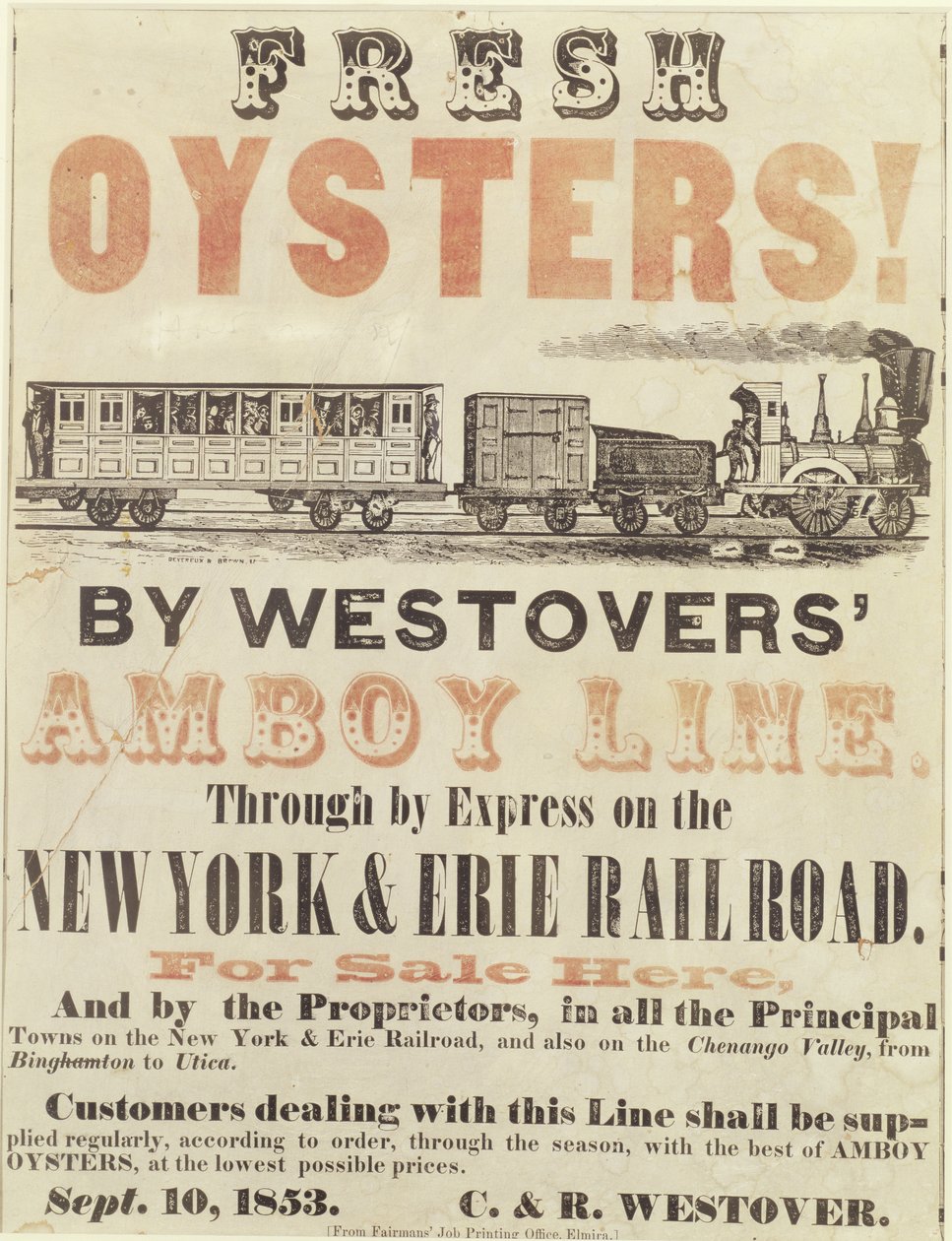 Świeże ostrygi! Przez Westovers Amboy Line, przez Express na New York & Erie Railroad, 10 września 1853 autorstwa American School