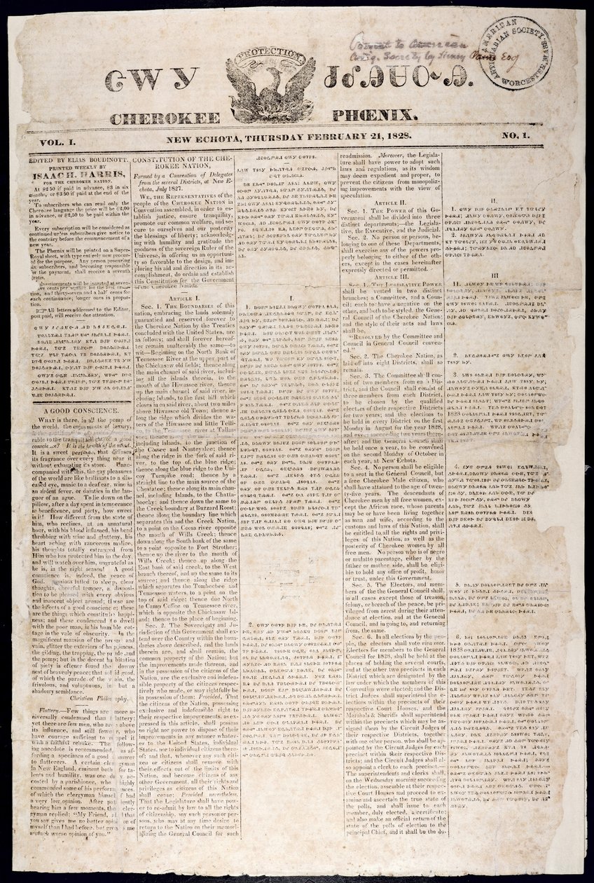 Strona tytułowa z Cherokee Phoenix, 21 lutego 1828 (druk) autorstwa American School