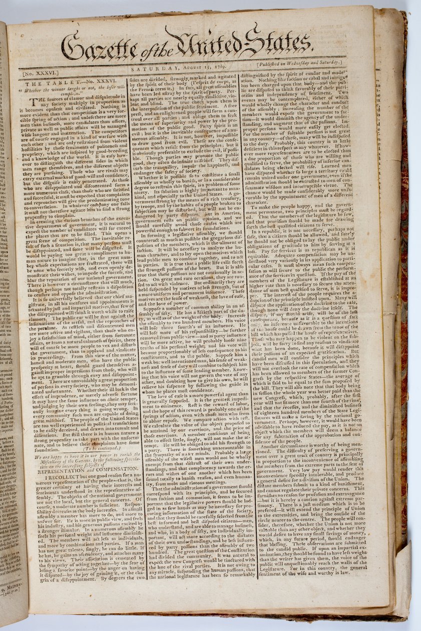 Pierwsza strona Gazety Stanów Zjednoczonych, 15 kwietnia 1789 r. autorstwa American School
