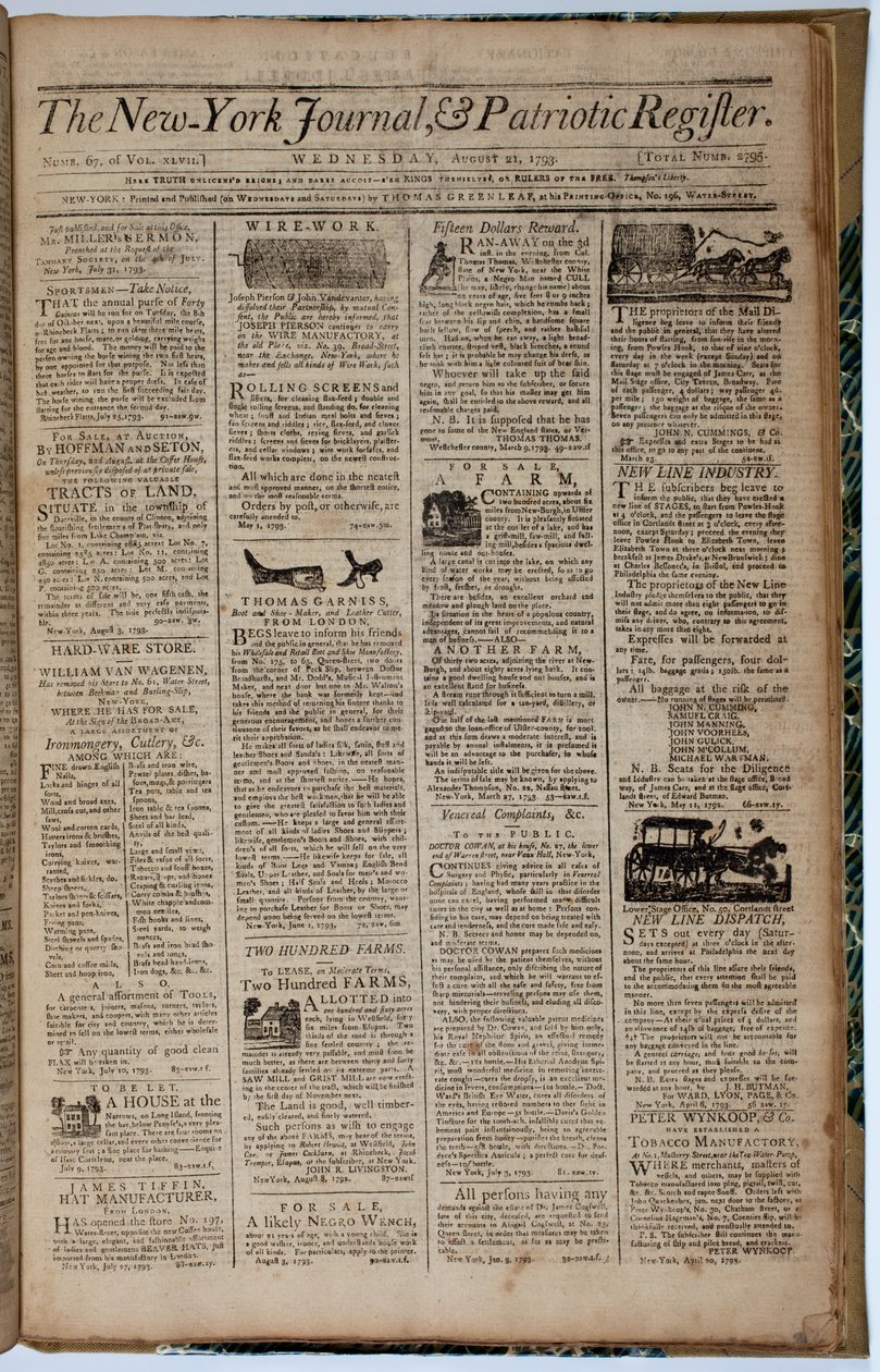 Strona tytułowa New York Journal and Patriot Register, 21 sierpnia 1793 r autorstwa American School